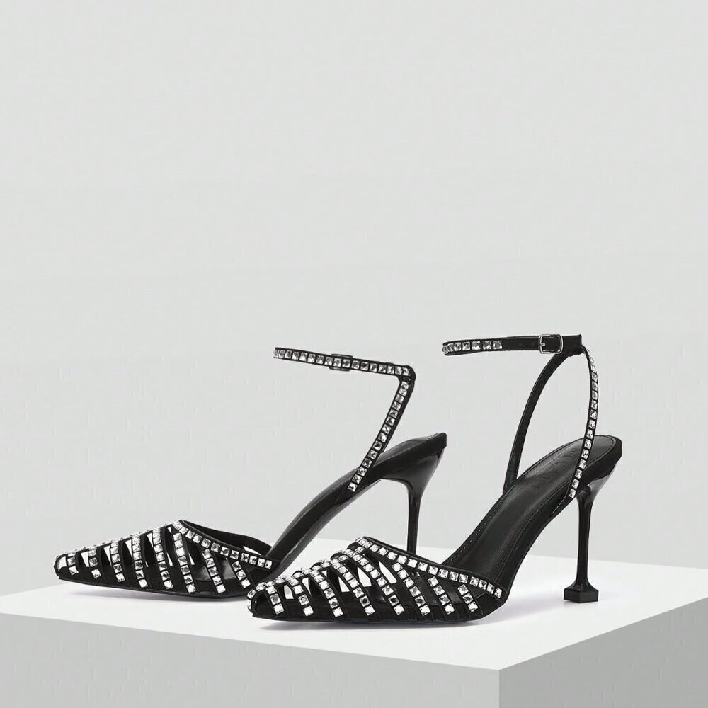 Black Glamorous Women's Rhinestone Buckle High Heel Shoes - Picture 2 of 6